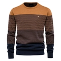Nahaufnahme der braun und dunkelblau gestreiften Stricktextur des Slim Fit Pullovers - M / Orange