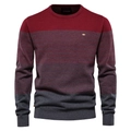 Nahaufnahme von Rundhalsausschnitt und Rippbündchen am rot-blau gestreiften Herrenpullover - M / Rot