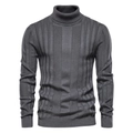 Detailed view of dark grey men's turtleneck sweater with vertical stripe knit texture - M / Tops / Dark Gray