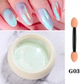 Macro view of light green Aurora nail powder G03 with applicator brush on marble background - Solid Aurora Powder G03