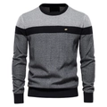 Detail of color block knitted sweater with ribbed crew neck and grey stripe pattern - M / Dark Gray