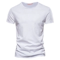 Primer plano de camiseta blanca de algodón flameado con textura y cuello redondo - S / Tops / Blanco