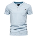 Close-up of light blue Henley neck cotton T-shirt featuring single chest pocket detail - Light Blue