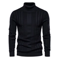 Close-up of black men's turtleneck sweater showing vertical ribbed knit texture details - M / Tops / Black
