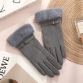 Women's warm grey faux suede touch screen gloves with plush cuffs and metal buckle detail - Single Line Fur Cuff / Gray