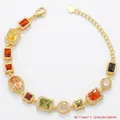 Luxury gold bracelet with colorful square zircons and heart pendant, 11mm width - VL561 Gold Multi-color Stone Bracelet