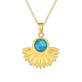 Detail of 18k gold fan-shaped pendant with a round turquoise on a fine chain necklace - Fan Leaf Necklace Gold (MS-585A)