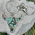 Western bull skull leather keychain with turquoise floral pattern and colorful rhinestones - Turquoise Texture