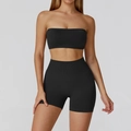 Two-piece black seamless yoga set featuring a tube top sports bra and high-waisted shorts - S / Bra + Shorts / Premium Black