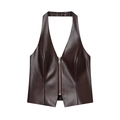 Top halter de cuero PU para mujer con cremallera plateada en color marrón oscuro - S / Tops / Café