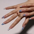 Faux ongles amande style dentelle avec imprimé bleuets et nœuds élégants - Style Nœud à Carreaux Myrtille (D-220) - Type de Colle