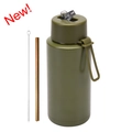 Army green 1L stainless steel vacuum insulated water bottle set with straw and brush - 1 L / Pop-up Straw Lid / Army Green