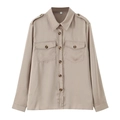 Khaki satin long sleeve shirt featuring cargo double pockets and epaulettes for women - S / Khaki