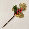 Close-up of Christmas decorative branch with red berries and golden glitter hollow leaves - Golden Grape Berry Branch