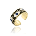 Adjustable 18K gold-plated open ring with colorful evil eye enamel patterns on a white background - Adjustable Open / Black