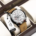 Poedagar men's chronograph watch with silver dial and brown suede leather strap in gift box - Black Case White Dial Leather Strap
