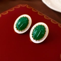 Vintage oval gold earrings with green faux malachite and white enamel detailing - Green Oval (28#)