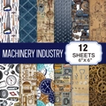 Papel vintage industrial para scrapbooking con patrones de engranajes en 6x6 pulgadas - Álbum de recortes mecánico clásico / 15x15cm 12 Hojas/Paquete