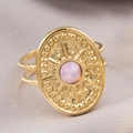 Retro 18k gold plated stainless steel ring with a purple gemstone and sunburst texture - Pink