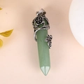 Silver flower wrapped green natural stone hexagonal crystal pendant necklace - Green Aventurine
