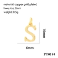 Detailed specs of golden copper letter S pendant showing 10mm height and 2mm hole size - Letter S