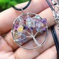 Handmade tree of life necklace pendant with multicolored fluorite crystals in silver wire - Purple Fluorite