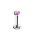 Macro detail of a flat back lip stud featuring pink zircon stone in a six-prong silver setting - 1.2*6*4 / Pink Zirconia