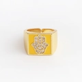 Detail der Hamsa-Hand und des bösen Blicks auf goldenem Emaille-Ring mit Zirkon - Einstellbar Offen / Gelb
