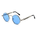 Occhiali steampunk tondi, montatura argento, lenti blu e stanghette a molla - Montatura Dorata Lenti Blu