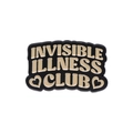 White enamel pin featuring Invisible Illness Club text with two hearts on black base - INVISIBLE ILLNESS CLUB