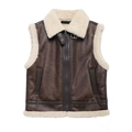 Women's brown faux leather vest with white teddy fleece lining and plush trim edges - XS / Dark Brown