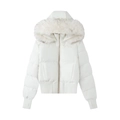 Close-up of a white padded coat with fluffy faux fur hood and ribbed cuffs - XS / White