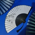 White Chinese folding fan with ink bamboo and dragonfly print on black hollow ribs - White Bamboo Dragonfly