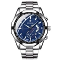 Men's chronograph watch featuring a deep blue sunray dial and silver stainless steel band - Silver Case Blue Dial Steel Strap