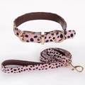 Close-up of pink leopard print hair-on-hide dog collar and leash with gold metal buckle - 25-38M / Collar & Leash Set / Pink