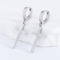 Detail of silver stainless steel hoop earrings with crystal-encrusted cross charms - Steel Color (White Zirconia)