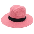 Detailed weave texture of pink Panama straw hat with a contrasting black ribbon band - One Size / Pink