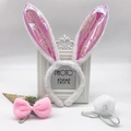 Detailed set of plush bunny ears headband with pink bow tie and white round tail - Pink Fluorescent