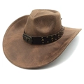 Detail of western cowboy hat with brown leather strap and bull head metal buckle - Striped Khaki
