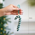 Handmade green and white woven candy cane Christmas ornament with a natural wooden bead - Christmas Candy Cane / Green