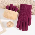 Winter touch screen knit gloves in wine red with thick double-layered fleece lining - Double Layer Fleece Fold-over Style / Burgundy
