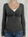 Deep grey Y2K long sleeve slim fit top with button decor and lace insert detail - XS / Black and Gray