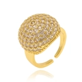 Detailed view of gold plated open ring featuring a sparkling pavé hemisphere of gemstones - J-1408 Gold Half Sphere Style