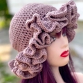 Handmade crochet ruffled beanie hat in dusty pink soft knit fabric for women - Adult 56-59cm / Red Bean Paste