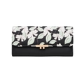 Close-up of long tri-fold floral wallet with black pebble grain and gold metal buckle - Black
