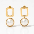 Orecchini minimalisti in acciaio 316 con cornice dorata e grande perla bianca tonda - Stile Perla Rettangolare Geometrica (KD3266) / Oro