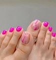 Rose red and wave pattern press-on toe nails on feet for a stylish pedicure look - 1633-Wave Lines