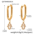 Detaillierte Größenangaben für Fatima-Augenohrringe aus Edelstahl mit Zirkon-Steinen - Hand der Fatima Anhänger Stil (Q078) / Gold
