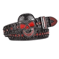 Y2K punk black leather belt with red and black rhinestone skull buckle design - Black/Red Round Skull Belt