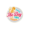 Detail of round enamel pin featuring skeleton hand and HAVE THE DAY YOU DESERVE quote - Day You Deserve Lettering (UVXZ071)
